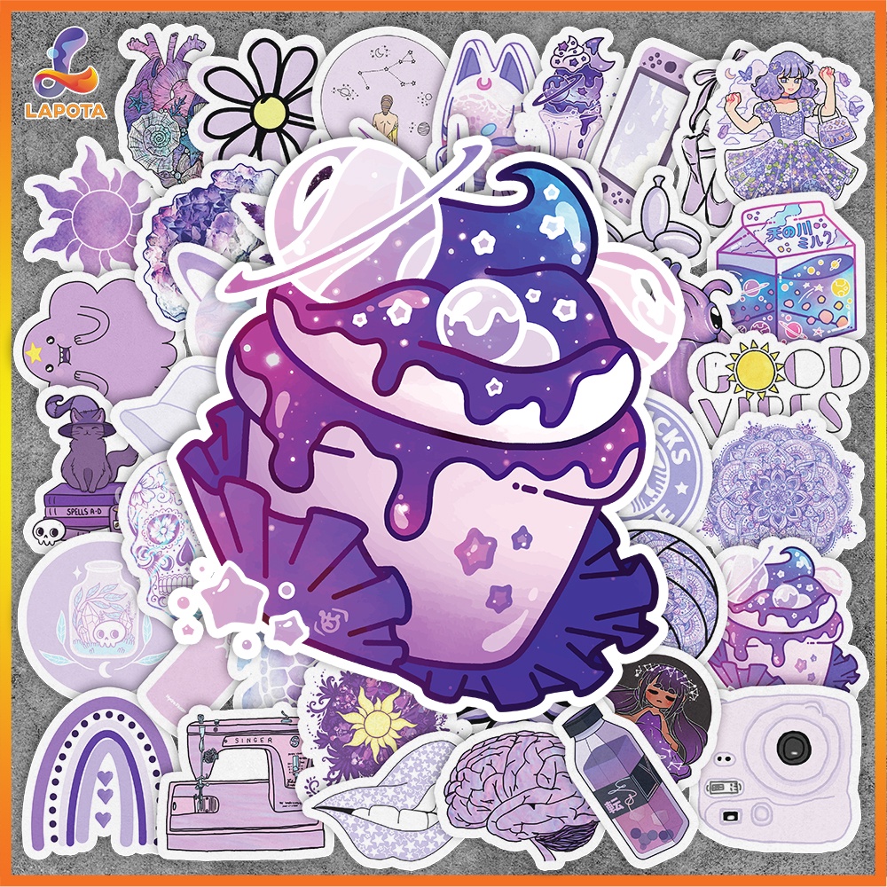 Set 50 cái Sticker màu Tím dán mũ bảo hiểm, hình dán Purple chống nước, decal màu Tím trang trí laptop, điện thoại