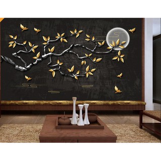 Tranh chạm nổi 3 chiều lá vàng và ánh trăng giản đơn, Tranh 3d dán tường hiện đại (tích hợp sẵn keo) MS848446