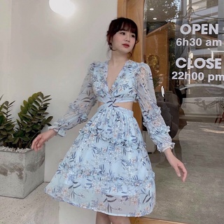 Đầm hoa phối bèo cut out eo hở lưng
