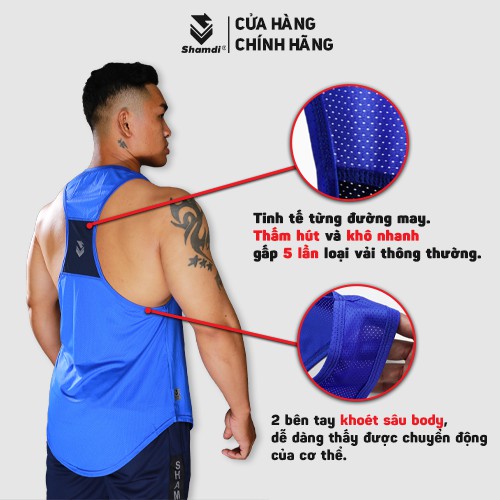 Áo tank top nam Shamdi đồ thun tập gym co giãn bốn chiều, vải poly-drop, form gym-pro 1045