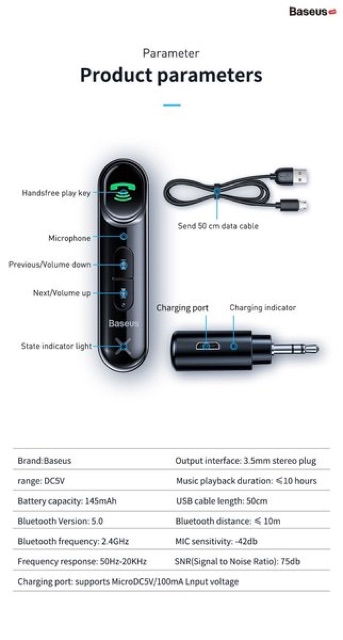 Bộ thu phát Bluetooth Receiver dùng cho xe hơi Baseus Qiyin AUX ( Car AUX 3.5mm Bluetooth Receiver/ Adapter)