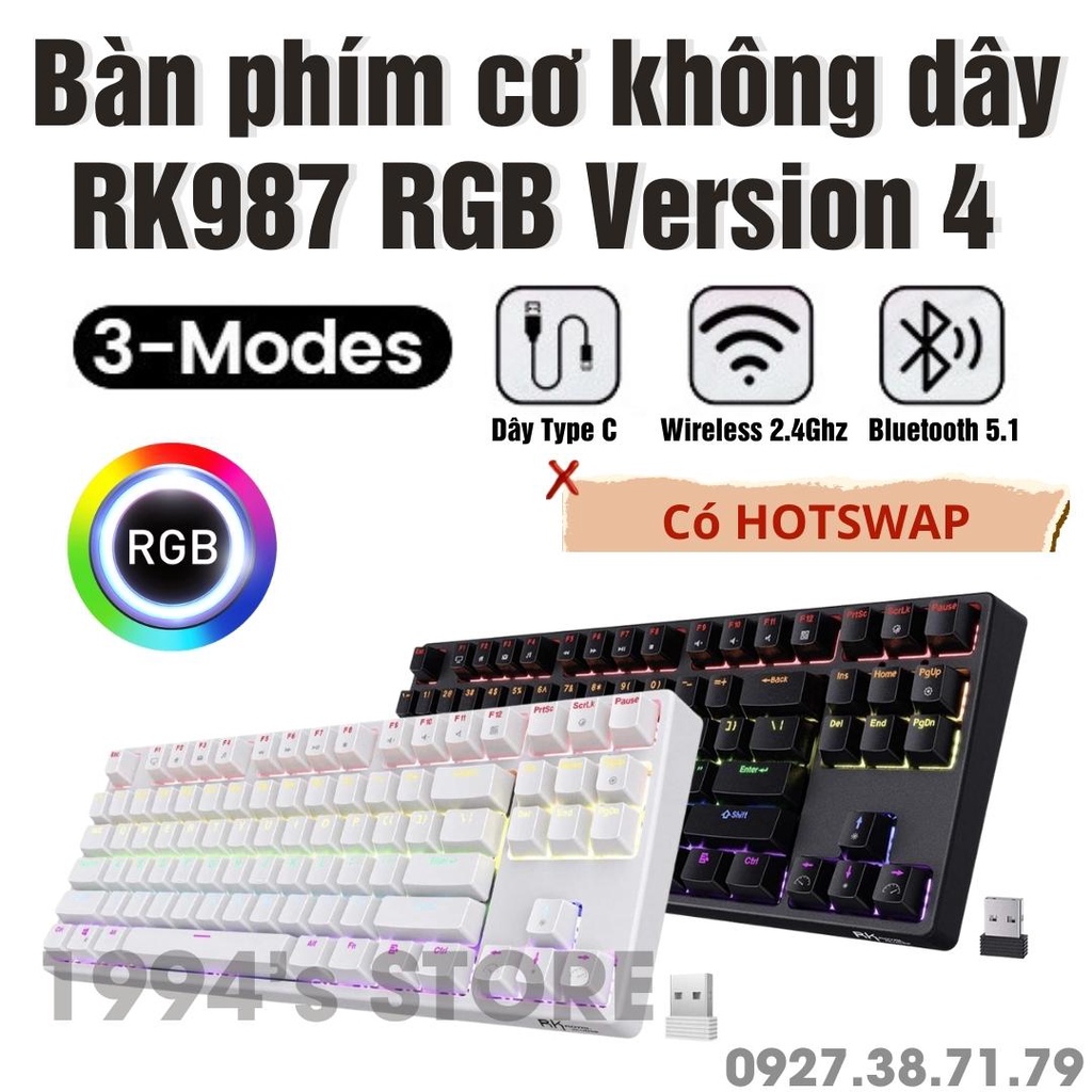 Royal Kludge RK987 Version 4 - Bàn Phím Cơ Không Dây RK987 Ver.4 Bluetooth 5.1 + Wireless 2.4G + Có dây Type C + Hotswap