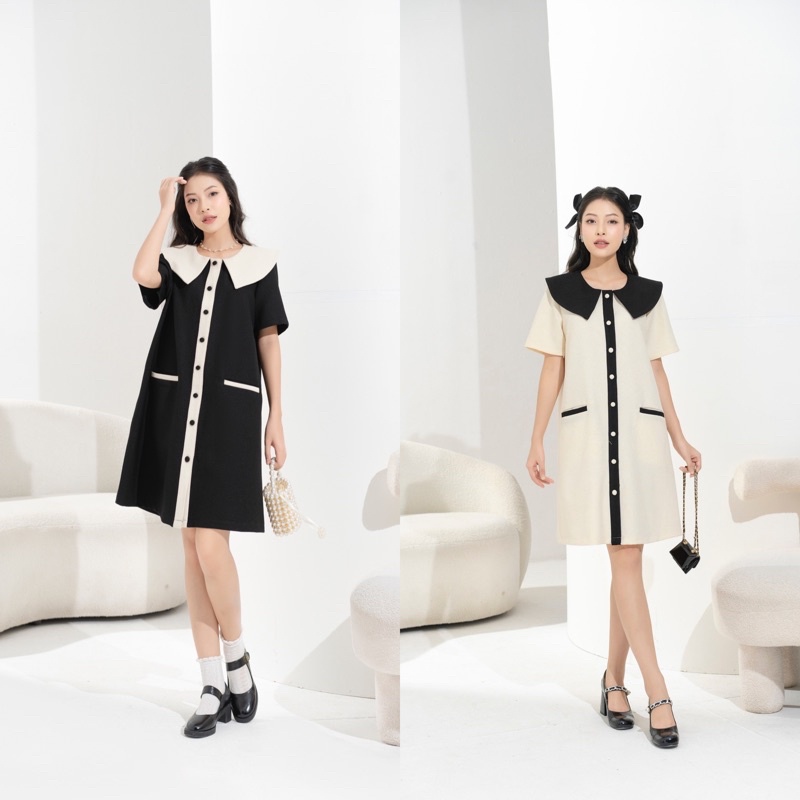 Đầm tweed dáng suông A phối cổ bản to nẹp viền cúc bọc