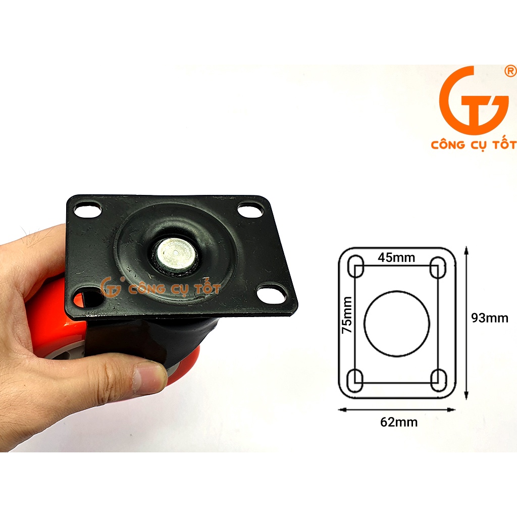 Bánh xe đẩy mặt đế xoay càng sắt tải trọng 80kg lốp nhựa PU cam trắng rộng 32mm Φ100mm