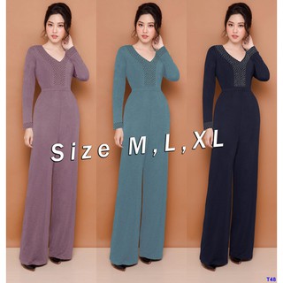 Jumpsuit Dài Ống Suông Tay Dài Cổ Tim Đính Hạt Sang Trọng