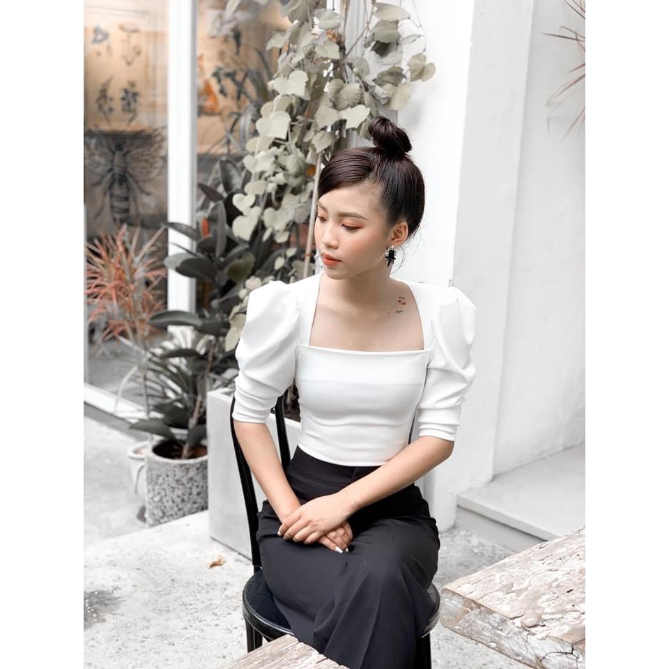 Áo kiểu nữ tay bồng cổ vuông tôn dáng 2 mầu đen, trắng