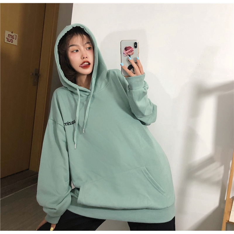SUXI Áo Hoodies Tay Dài Màu Trơn Phong Cách Hàn Quốc
