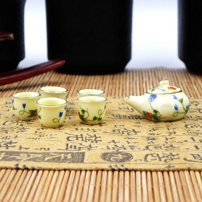 Bộ ấm trà kiểu Nhật tí hon 6 món gốm sứ để trang trí