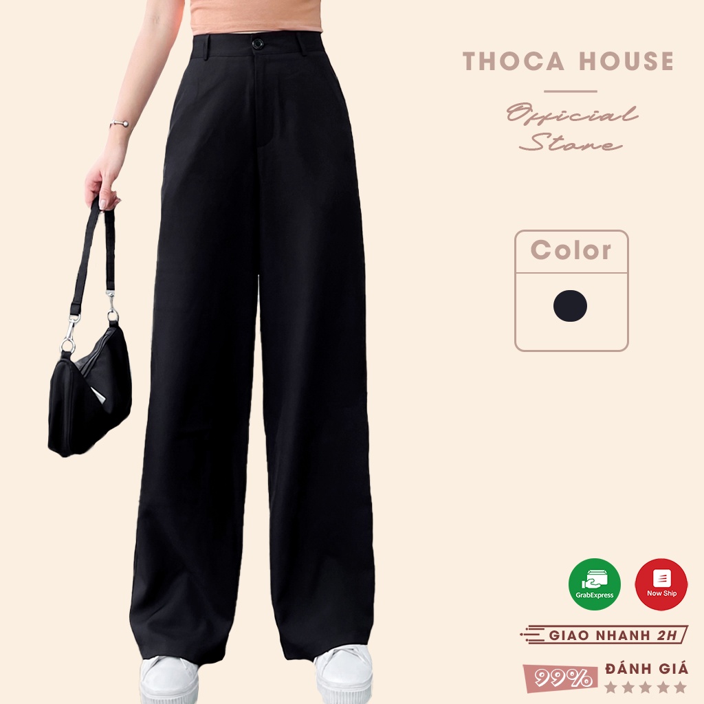 Quần tây nữ công sở ống rộng trơn đen THOCA HOUSE tôn chân dài, mặc đi làm, đi học