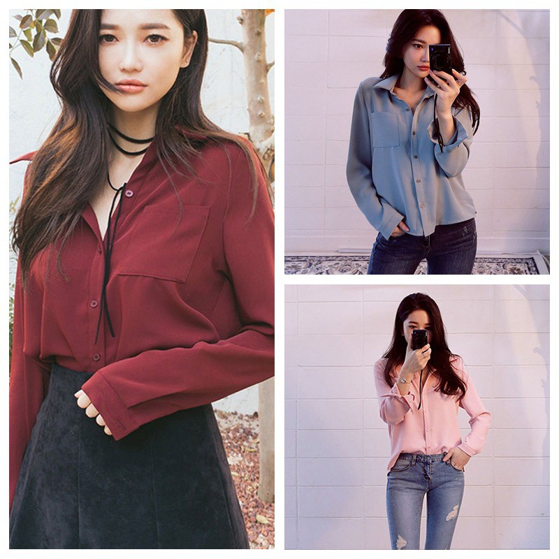 Áo sơ mi tay dài phối nút thiết kế dáng rộng cho nữ