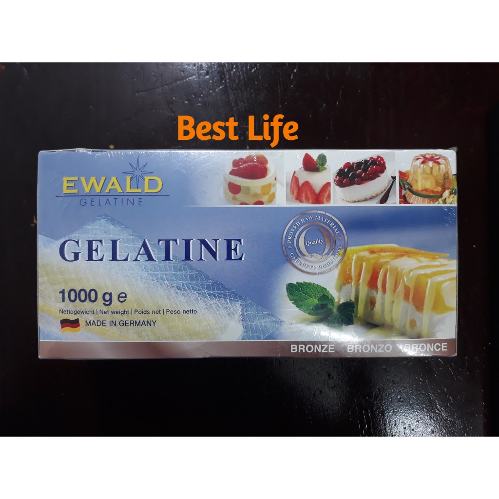 Gelantin lá nhãn hiệu EWALD hộp 1kg xuất xứ Đức nguyên liệu dùng để làm bánh, thạch