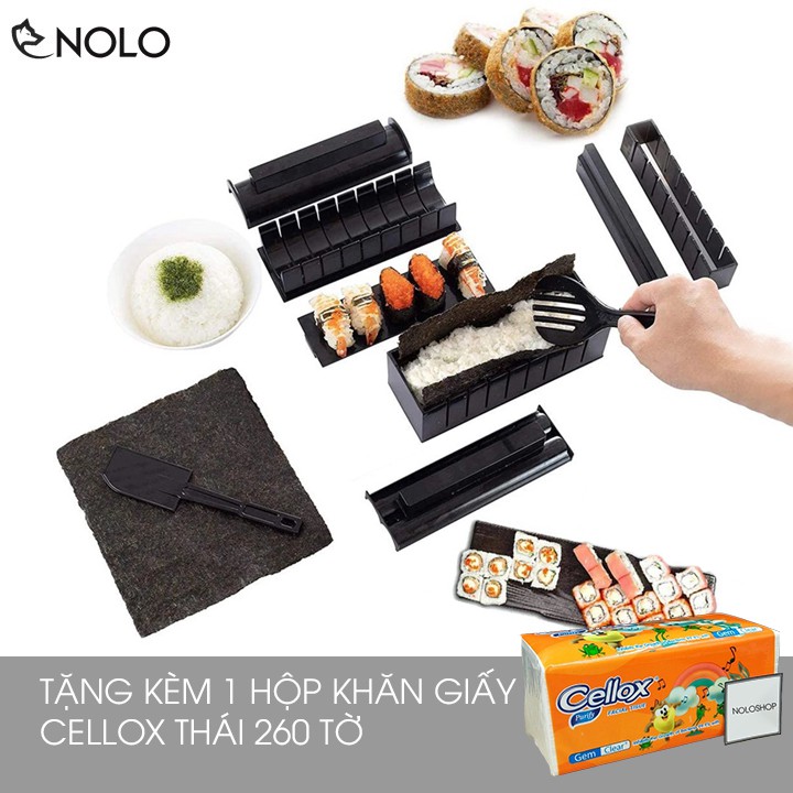 Bộ Khuôn Làm Sushi Cơm Cuộn Kimbap 10 Chi Tiết Chất Liệu Nhựa PP Tặng Kèm 1 Hộp Khăn GIấy Cellox 260 Tờ