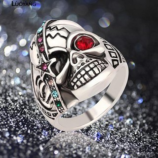Nhẫn Unisex hình đầu lâu đính đá pha lê phong cách Punk