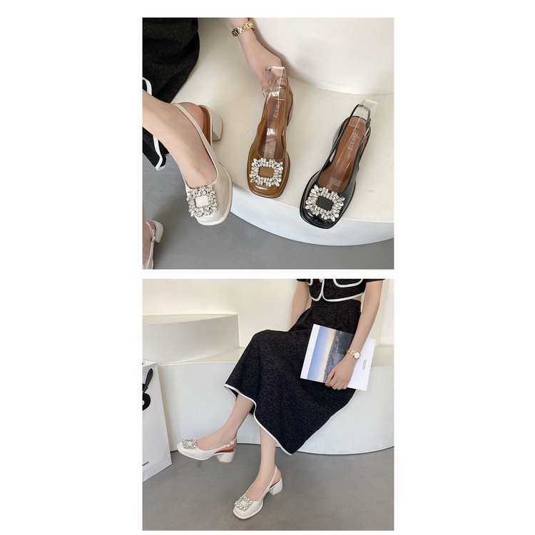 Giày Cao Gót Da Bóng Mũi Vuông Đính Đá Thời Trang Mùa Xuân 2022 Cho Nữ