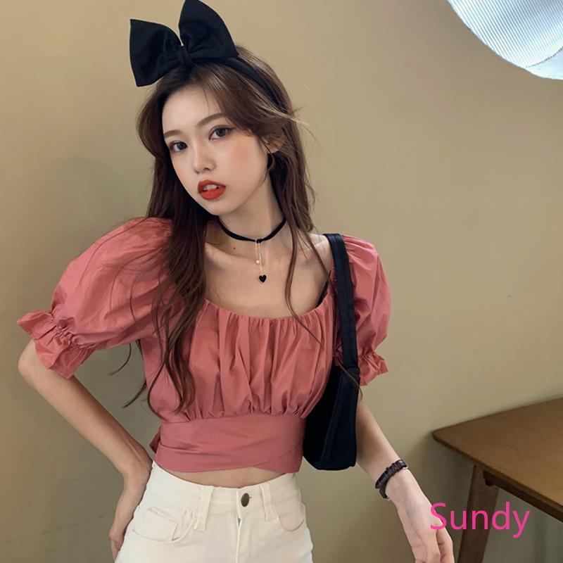 Áo kiểu tay phồng cổ chữ U màu trơn thiết kế dây thắt eo nữ tính sành điệu