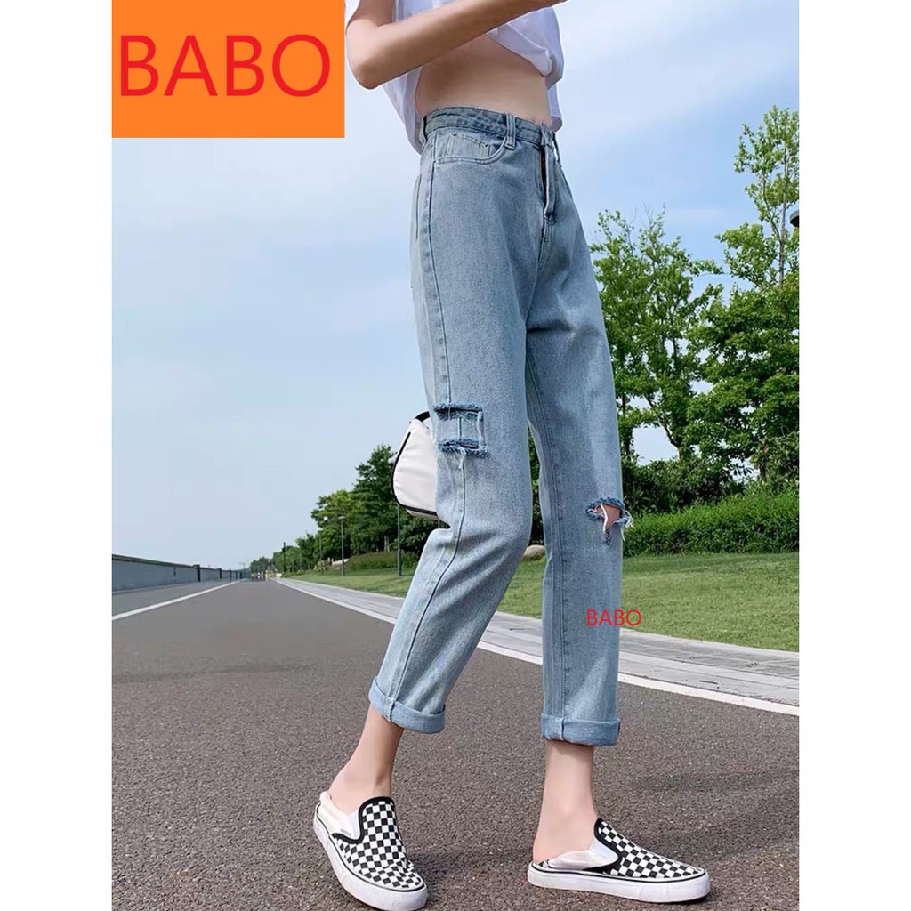 [ HÌNH THẬT!!! ] QUẦN JEAN NỮ LƯNG CAO KIỂU QUẦN BAGGY JEAN NỮ CAO CẤP BABO MÀU XANH NHẠT RÁCH 2 SỌC BE T RÁCH T GỐI P