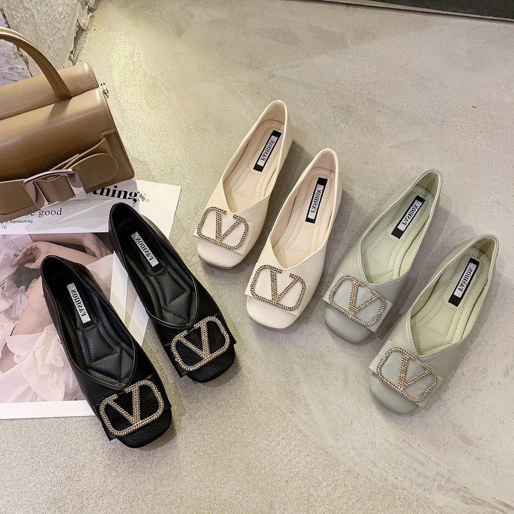 Giày búp bê bằng da mềm mũi vuông miệng nông thiết kế độc đáo phong cách sang trọng cho nữ