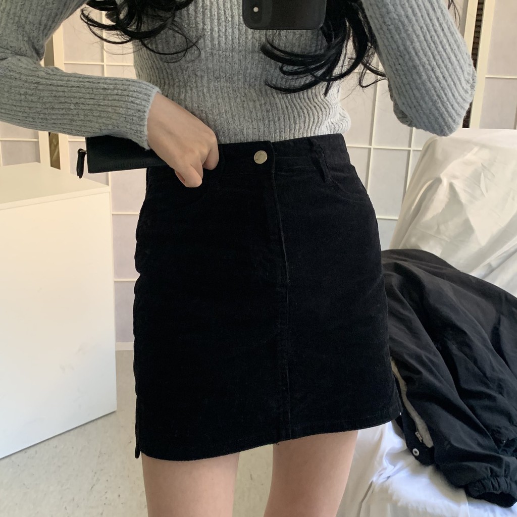 (ORDER ) Chân váy dáng chữ A nhung tăm xẻ vạt ôm body gợi cảm Hàn Quốc màu xanh/đen | BigBuy360 - bigbuy360.vn