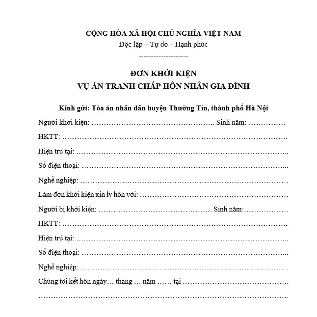 Mẫu đơn ly hôn của Tòa án huyện Thường Tín+bản hướng dẫn chuẩn bị hồ sơ, hướng dẫn nộp hồ sơ đến Tòa án