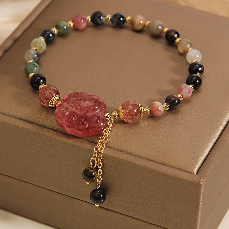 Vòng đeo tay Tourmaline tự nhiên Ánh sáng Sang trọng Tourmaline May mắn Dâu tây Vòng tay Móng vuốt của Mèo Retro Thời trang đính cườm Phụ kiện cho cô gái Quà tặng