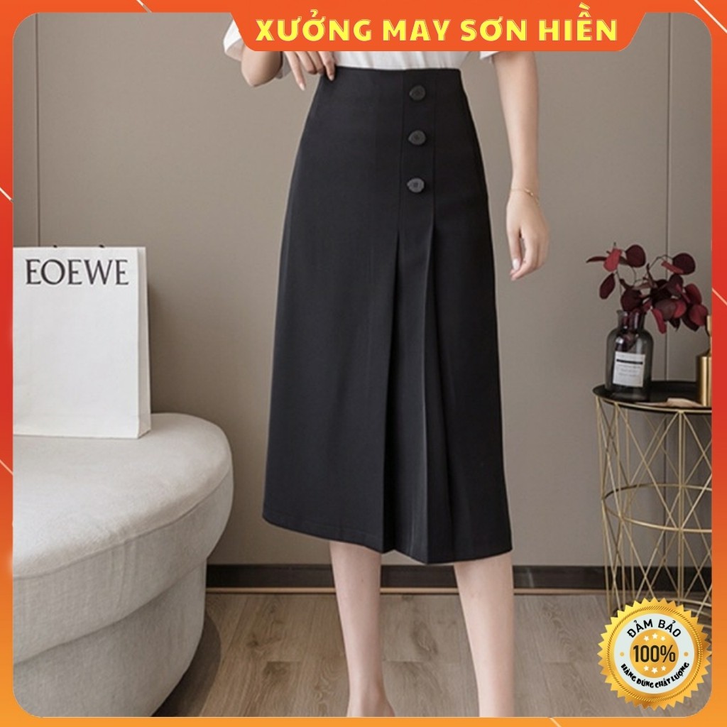 Chân Váy Dài Xếp Ly 3 Cúc Xưởng May Sơn Hiền MS12