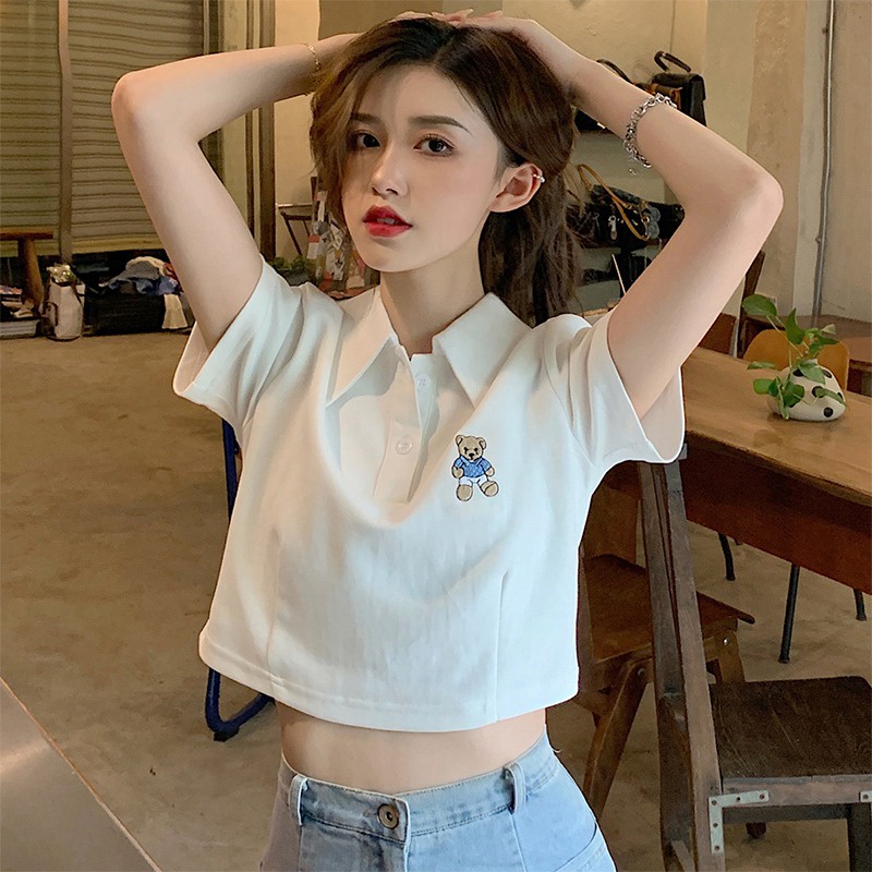 Áo thun polo ZHELIHANGFEI dệt kim tay ngắn in hình gấu dễ thương cho nữ
