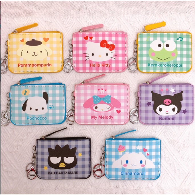 Nhật Bản Sanrio Gia đình kẻ sọc PU Zipper Coin Purse Cinnamonroll Thay đổi túi lưu trữ Sinh viên dễ thương Thẻ kinh doanh Chủ Làm việc Id Melody Ví nhỏ Văn phòng phẩm xách tay Quà tặng