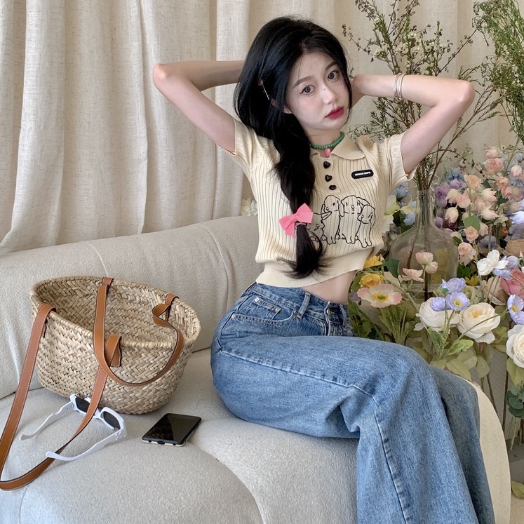 Áo thun polo ZHELIHANGFEI dệt kim tay ngắn thêu hình thỏ dễ thương thời trang