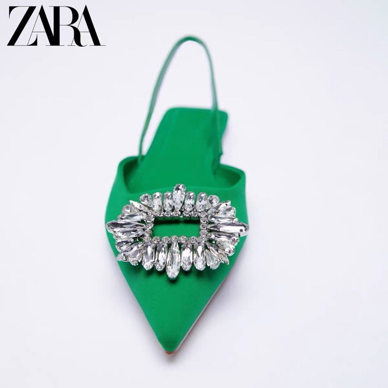 GIÀY MULE ZARA GÓT THẤP XANH LÁ ĐÍNH ĐÁ LẤP LÁNH