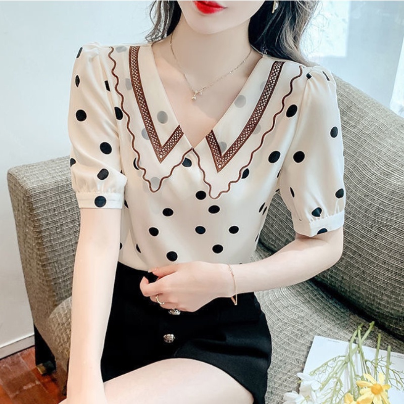 Áo Sơ Mi Nữ Tay Ngắn Dáng Rộng Họa Tiết Chấm Bi Phong Cách Hàn Quốc Mới
