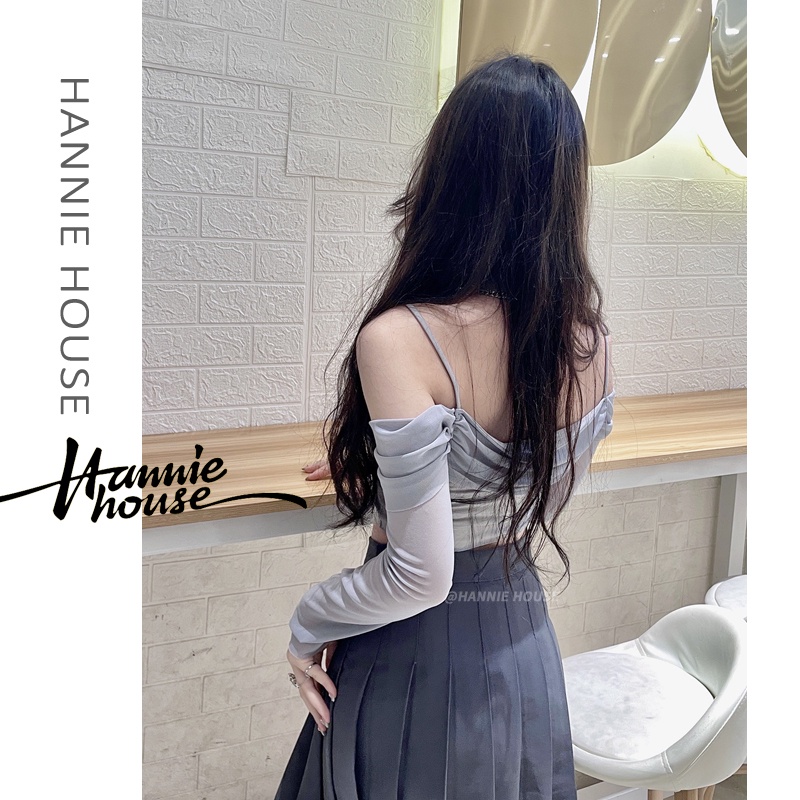 Áo Croptop Trễ Vai Tay Dài Phối Lưới Cho Nữ