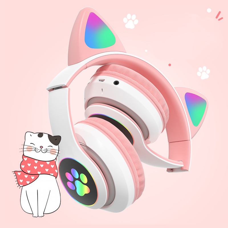 Tai Nghe Bluetooth STN 28 Tai Mèo led RGB siêu dễ thương, có Mic đàm thoại Bluetooth 5.0 cao cấp