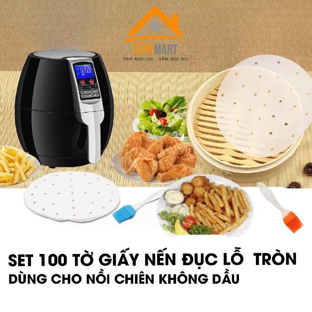 SET 100 tờ giấy nến đục lỗ tròn, 55 tờ giấy thấm dầu vuông dùng cho nồi chiên không dầu