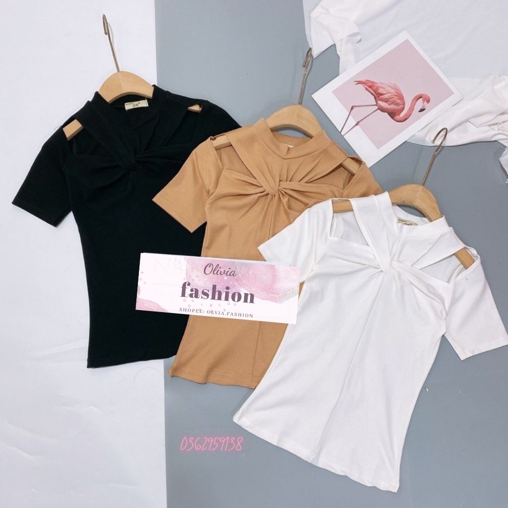 Áo thun kiểu xoắn cổ hở vai tay cộc, Áo kiểu ngực xoắn ngắn tay vải cotton co giãn CS1202 - olivia