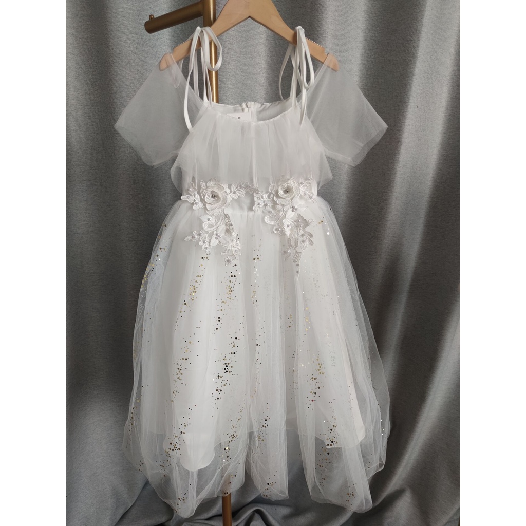 Đầm Công Chúa Hai Dây Thêu Hoa Màu Trắng Thanh Lịch Dành Cho Bé Gái Dự Tiệc Cưới