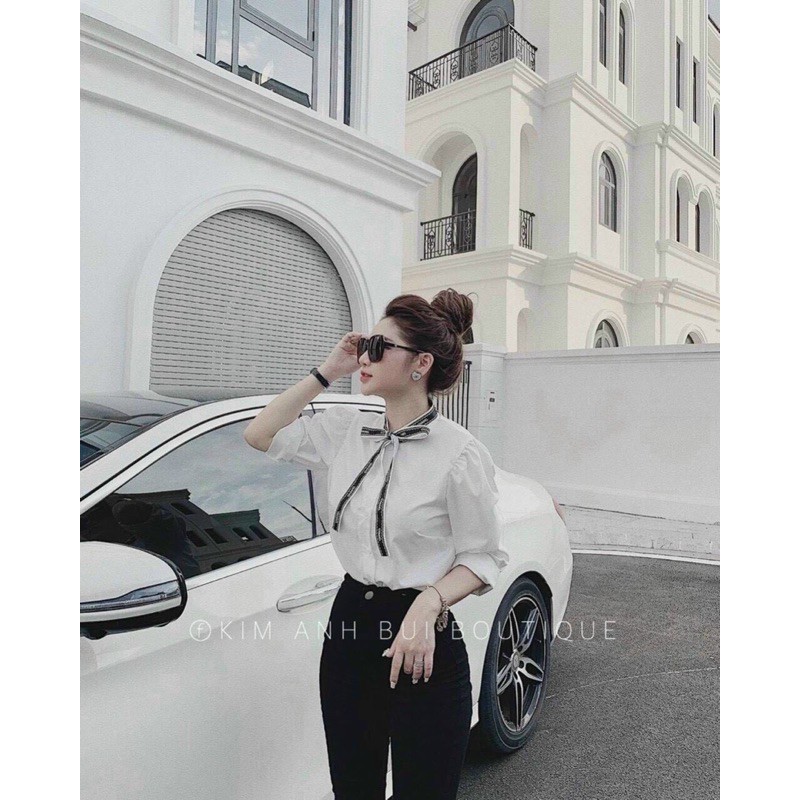 Áo sơ mi trắng cổ viền nơ, Áo sơ mi kiểu dài tay SM1393 - NhiNhi Shop