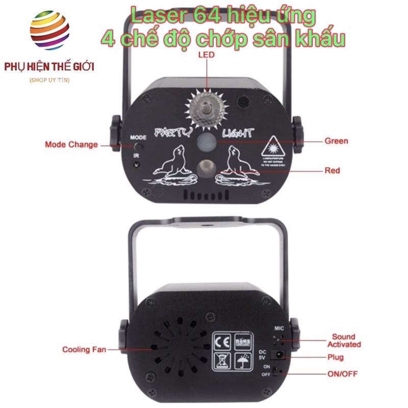 ĐÈN LASER BAY PHÒNG 4 CHẾ ĐỘ CHỚP SÂN KHẤU 64 HIỆU ỨNG CẢM BIẾT THEO NHẠC/ ĐIỀU KHIỂN BẰNG REMOTE