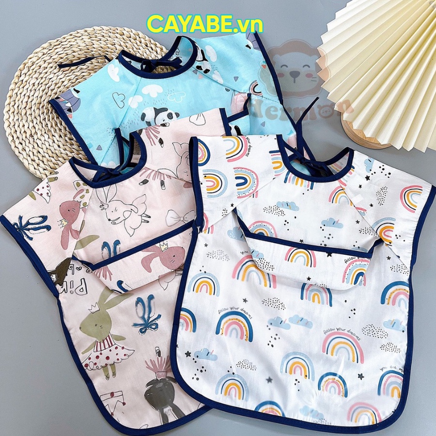 Áo yếm ăn dặm cho bé CAYABE chống thấm nước ngắn tay, có máng hứng thức ăn rơi thông minh, họa tiết hoạt hình đáng yêu