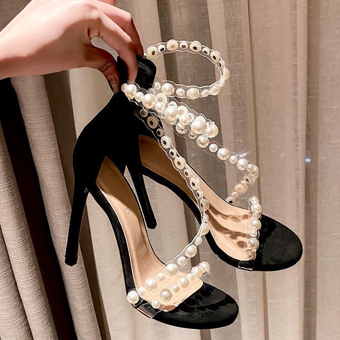 Giày Cao Gót Hở Ngón Quai Trong Suốt Đính Ngọc Trai Thời Trang Mùa Hè 2022 Cho Nữ