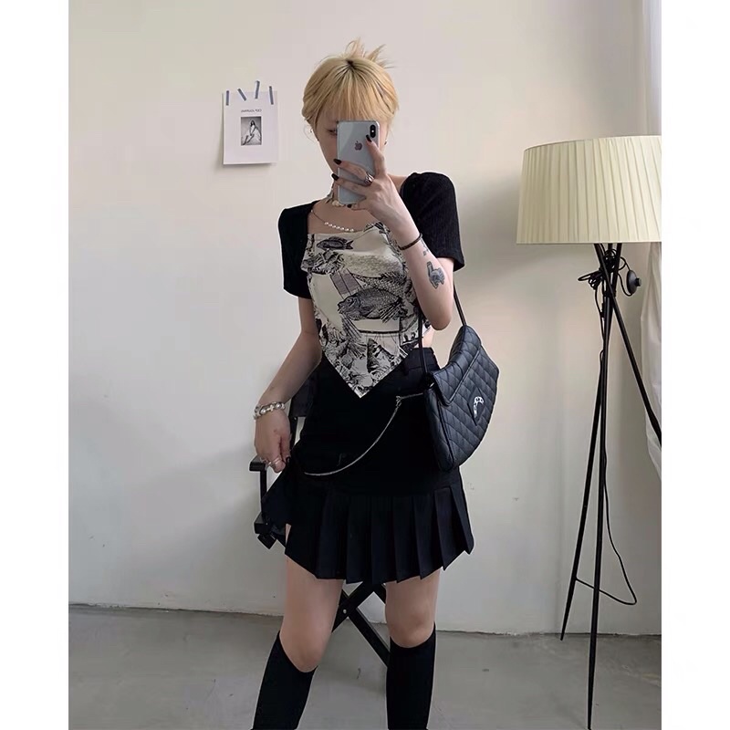 Áo thun nữ khăn lụa hoạ tiết chất lừ