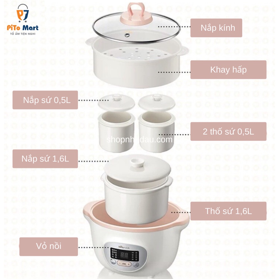 Nồi nấu cháo chậm Bear cho bé, Nồi nấu chậm ninh hầm kho cách thuỷ 1,6L hàng chính hãng, bảo hành 18 tháng