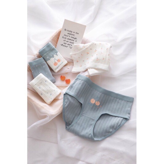 Quần Lót Nữ Cotton Tăm Tre Tông Màu Xanh Trắng 4D Họa Tiết Cherry Cute Dễ Thương Dành Cho Bạn Gái