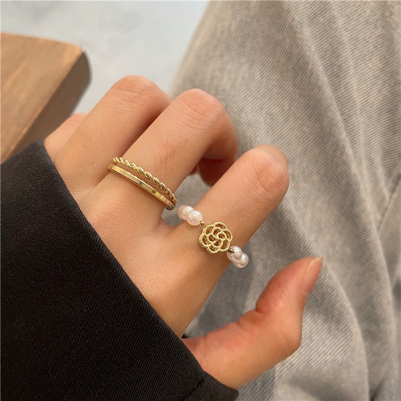 Set 3 nhẫn mạ vàng đính ngọc trai nhân tạo thời trang cho nữ