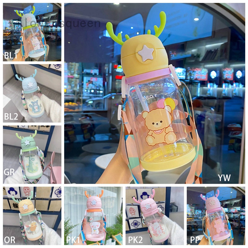 flowersqueen Bình Nước Hình Sừng Hươu Hoạt Hình Có Ống Hút Chống Rò Rỉ Cho Bé