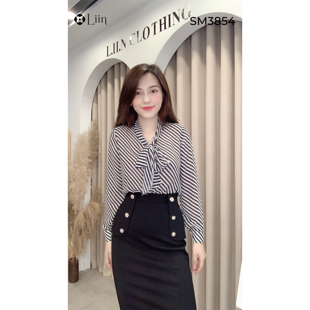 Áo sơ mi Kẻ mix Cổ Nơ ziczac dài tay kiểu dáng trẻ trung, dễ phối đồ Liin Clothing SM3854