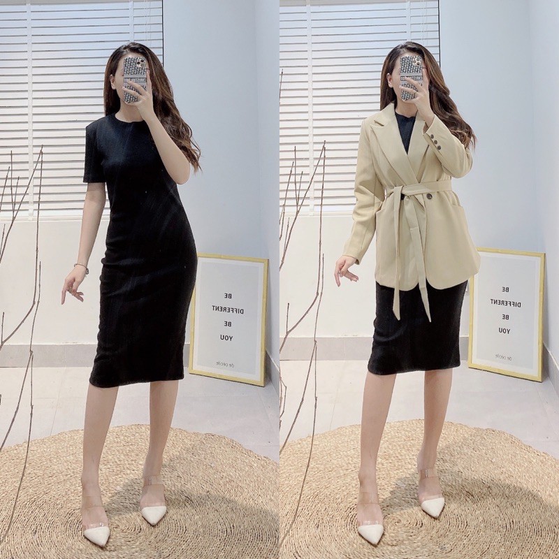 Váy len tăm body cổ tròn ngắn tay NEWIN