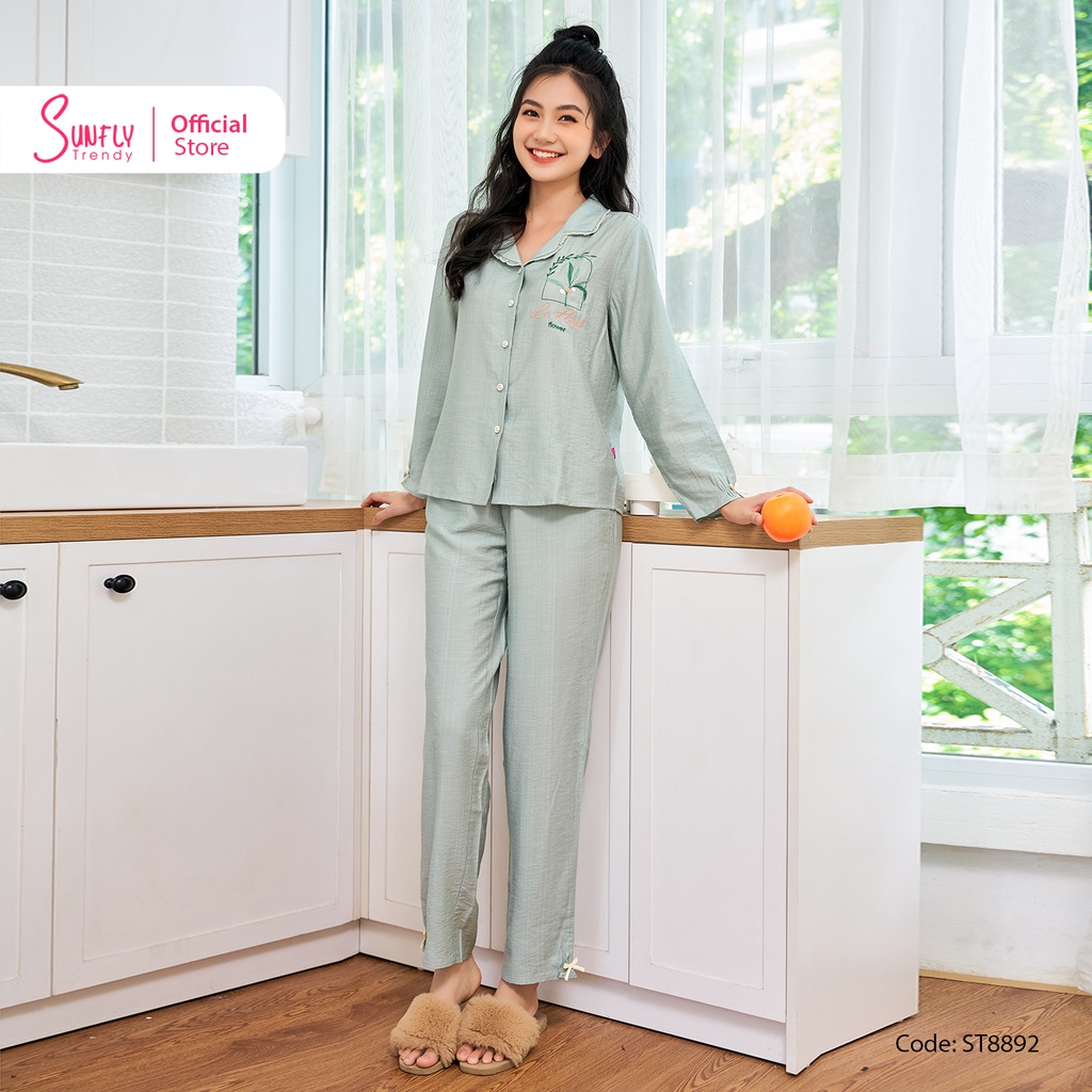 Bộ Đồ Mặc Nhà Nữ Pyjamas Linen SUNFLY Áo Tay Dài Quần Dài ST8892