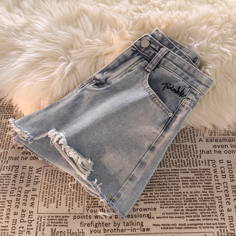 NUZIRO  Quần đùi  denim lưng cao ống rộng thiết kế rách cá tính thời trang dành cho nữ