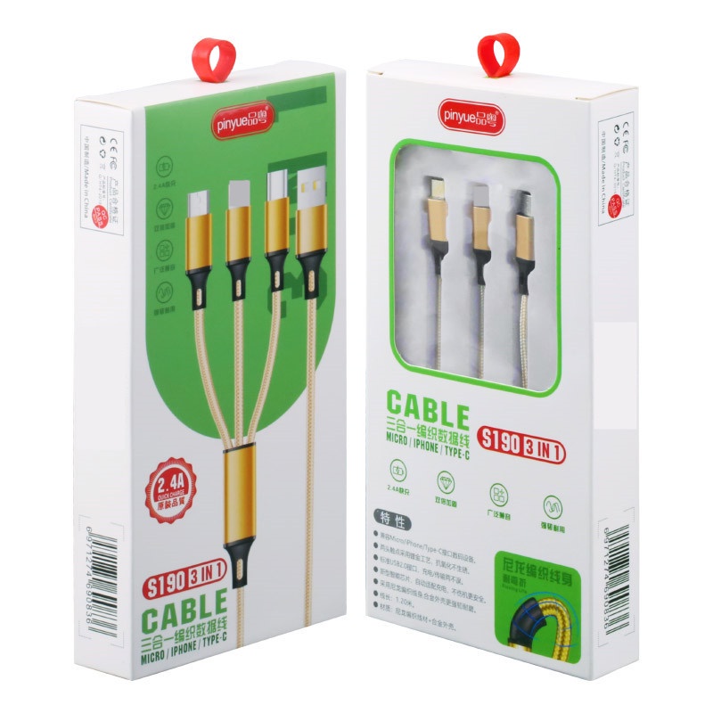 Cáp sạc dây dù 3 đầu, dài 1m2, hỗ trợ 3A (S190/S11)