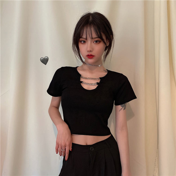 Áo thun tay ngắn màu trơn đen thời trang mùa hè phong cách Hàn Quốc 2020